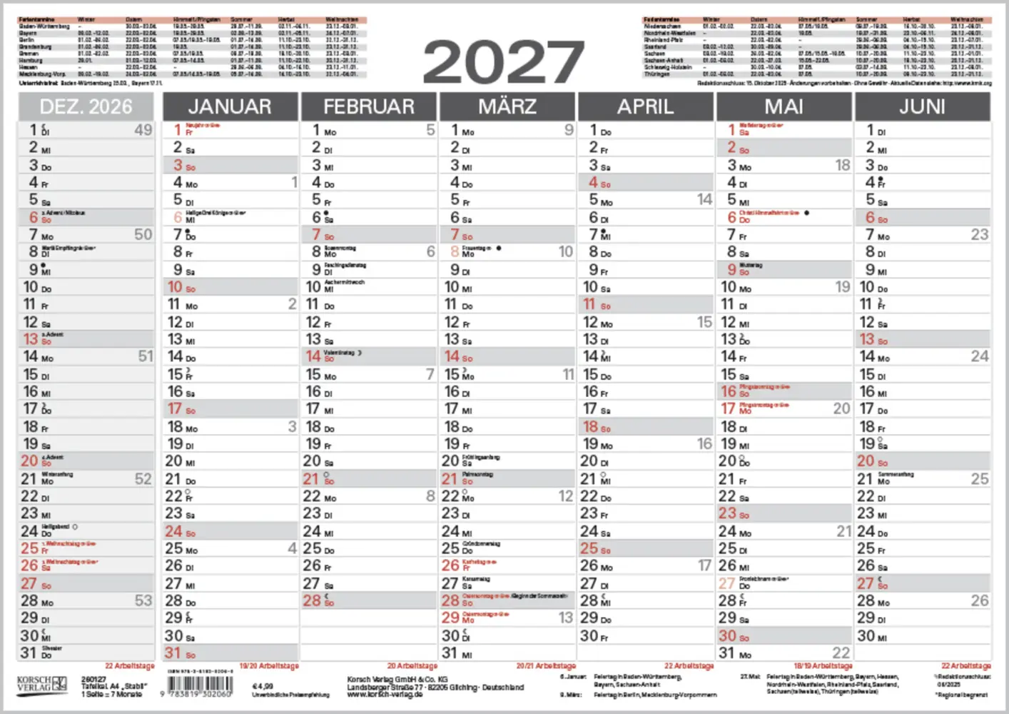 Tafelkalender A4 "Stabil" 2027