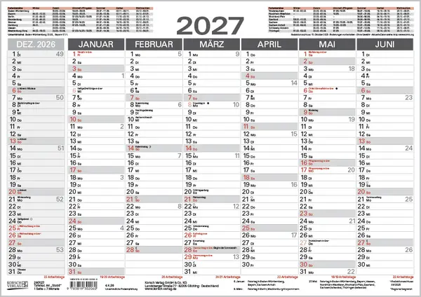Bild: 9783819302060 | Tafelkalender A4 "Stabil" 2027 | Korsch Verlag | Kalender | 1 S.