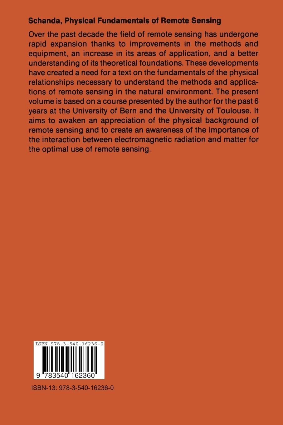 Rückseite: 9783540162360 | Physical Fundamentals of Remote Sensing | Erwin Schanda | Taschenbuch