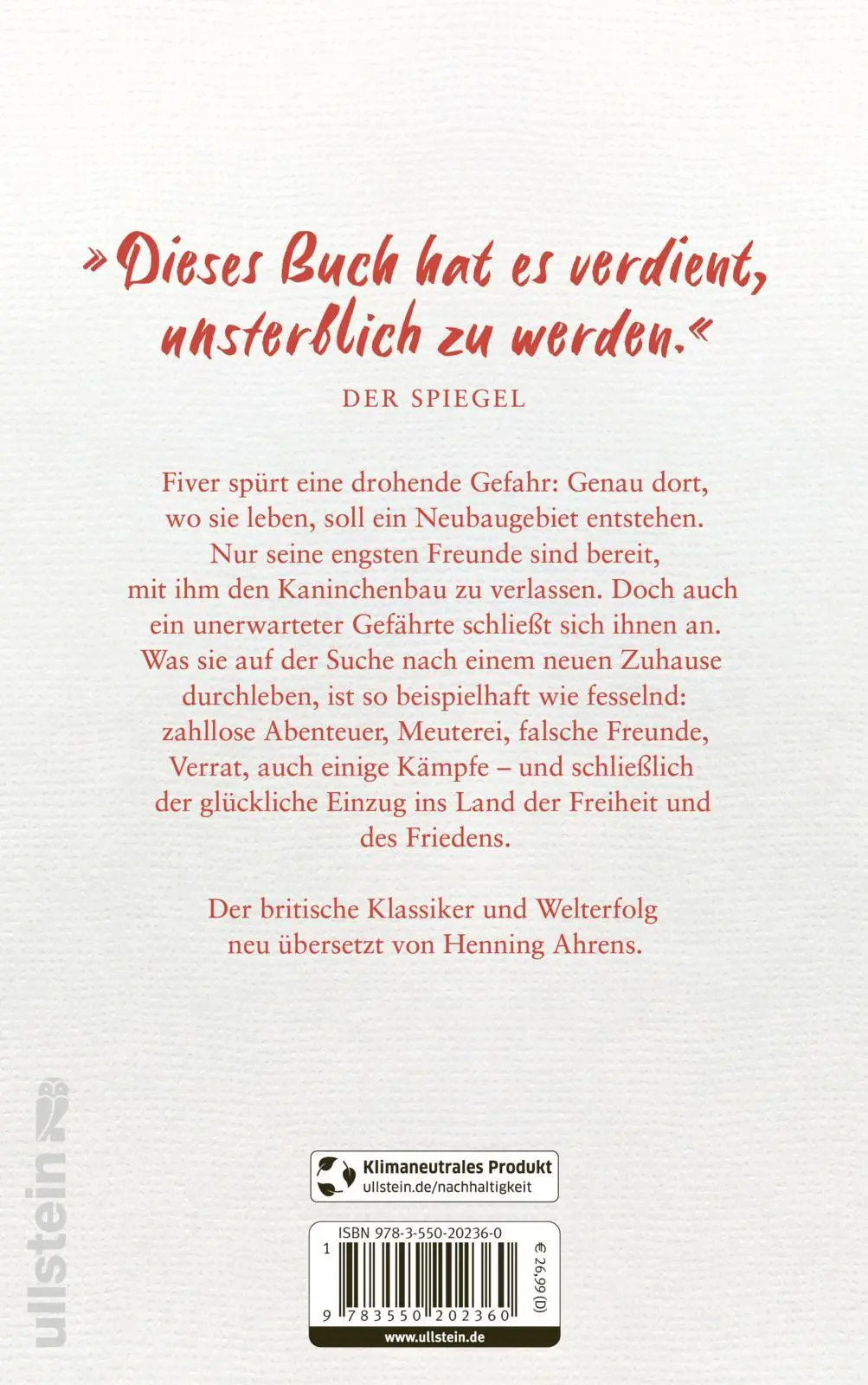 Rückseite: 9783550202360 | Unten am Fluss - 'Watership Down' | Richard Adams | Buch | 576 S.