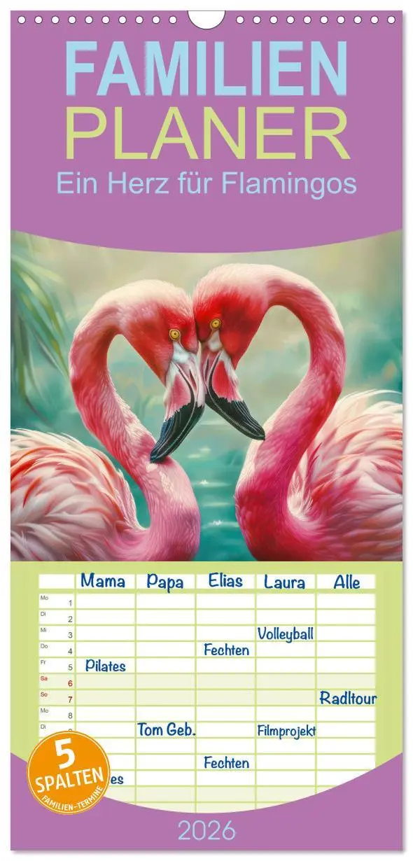 Cover: 9783516492460 | Familienplaner 2026 - Ein Herz für Flamingos mit 5 Spalten...