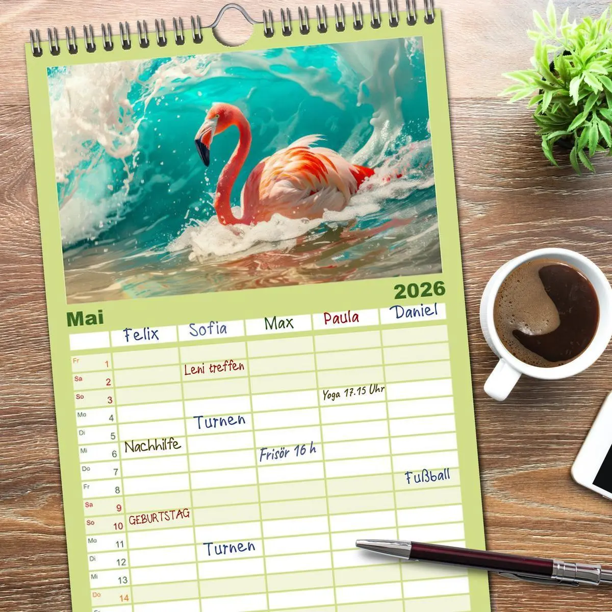 Bild: 9783516492460 | Familienplaner 2026 - Ein Herz für Flamingos mit 5 Spalten...