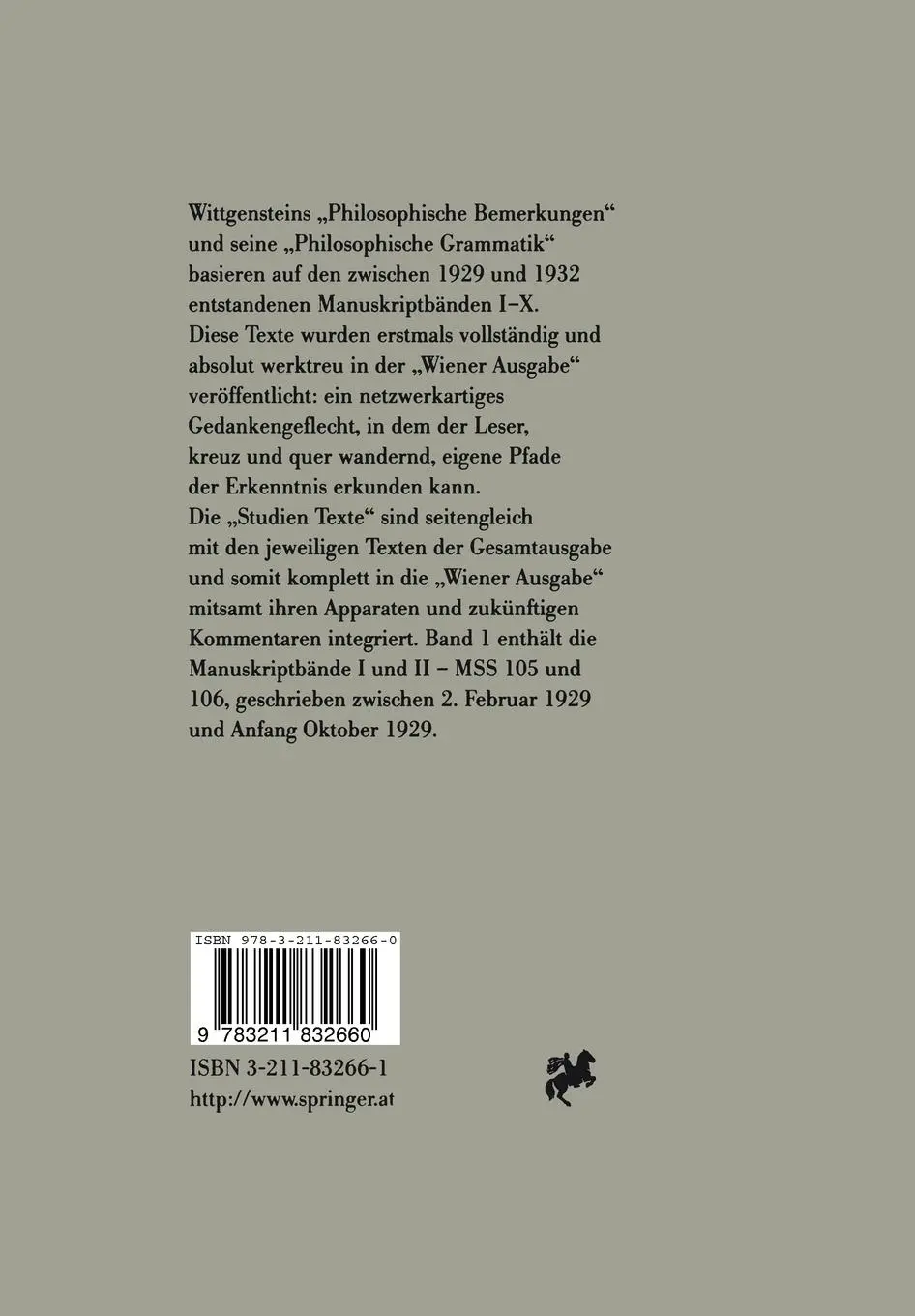 Rückseite: 9783211832660 | Wiener Ausgabe Studien Texte | Band 1: Philosophische Bemerkungen