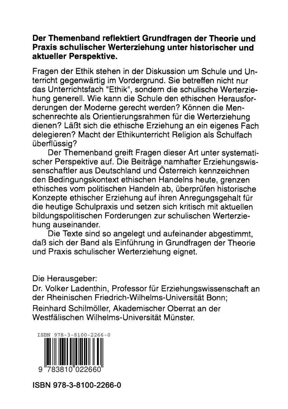 Rückseite: 9783810022660 | Ethik als pädagogisches Projekt | Reinhard Schilmöller (u. a.) | Buch