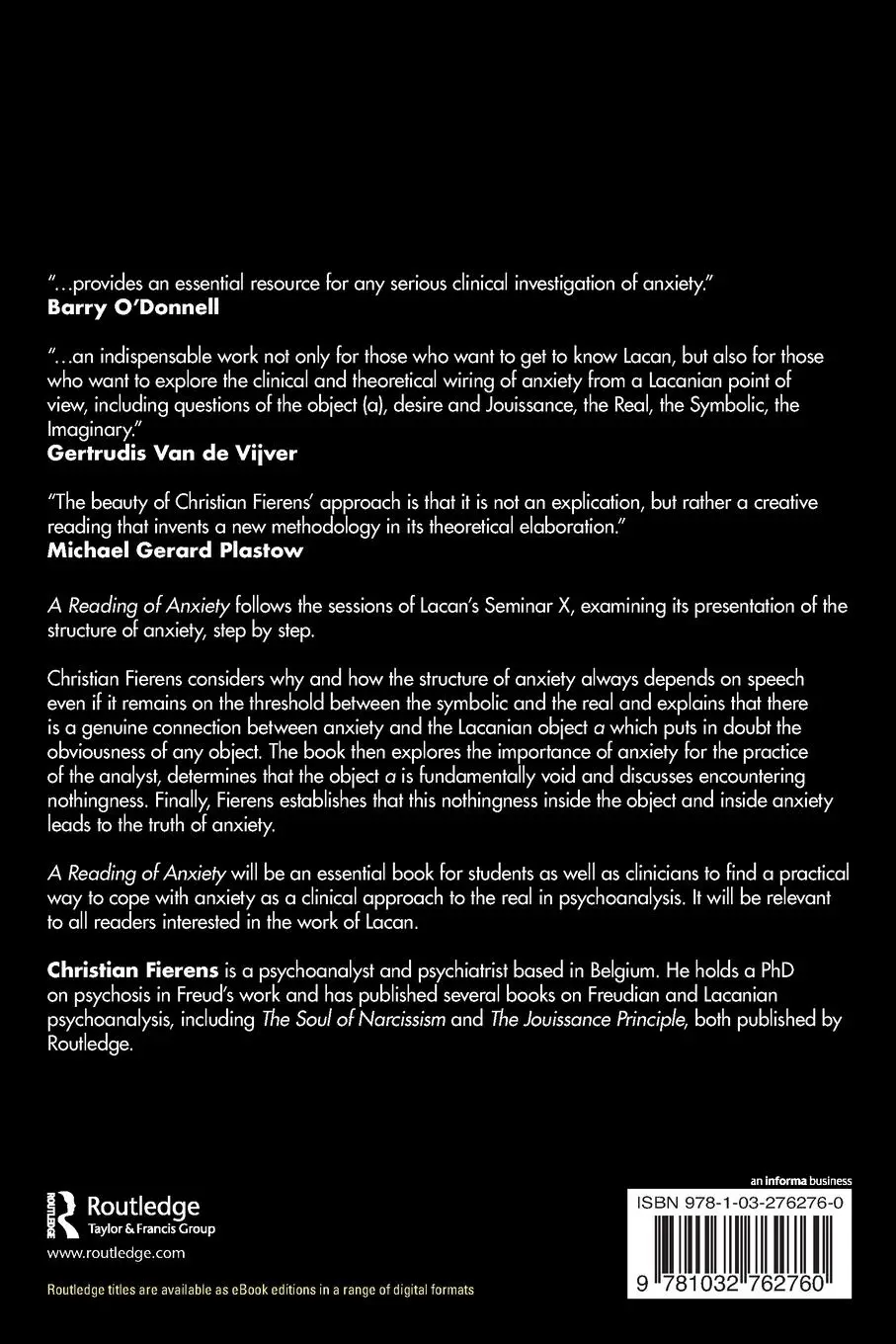 Rückseite: 9781032762760 | A Reading of Anxiety | Lacan's Seminar X | Christian Fierens | Buch
