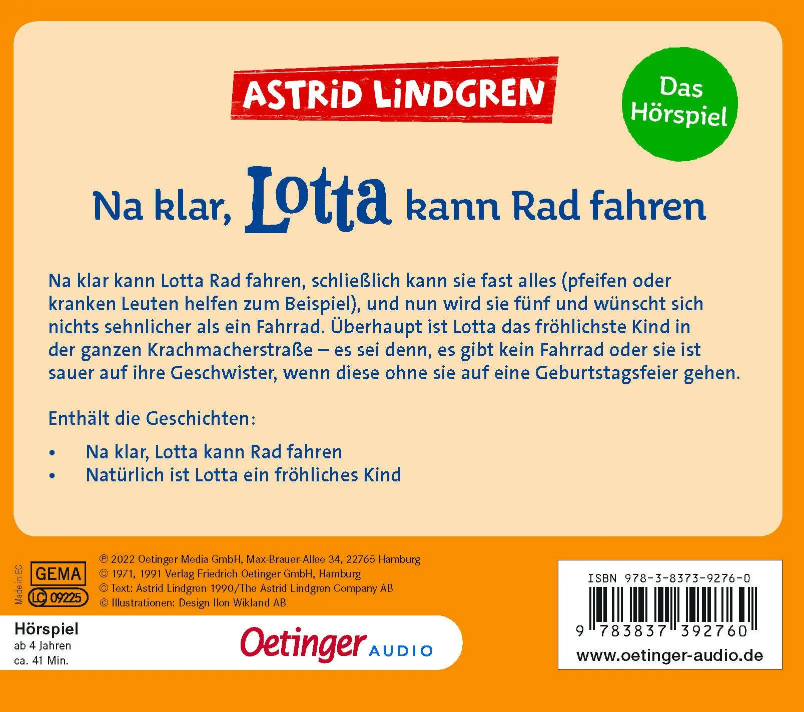 Rückseite: 9783837392760 | Na klar, Lotta kann Rad fahren | Das Hörspiel | Astrid Lindgren | CD