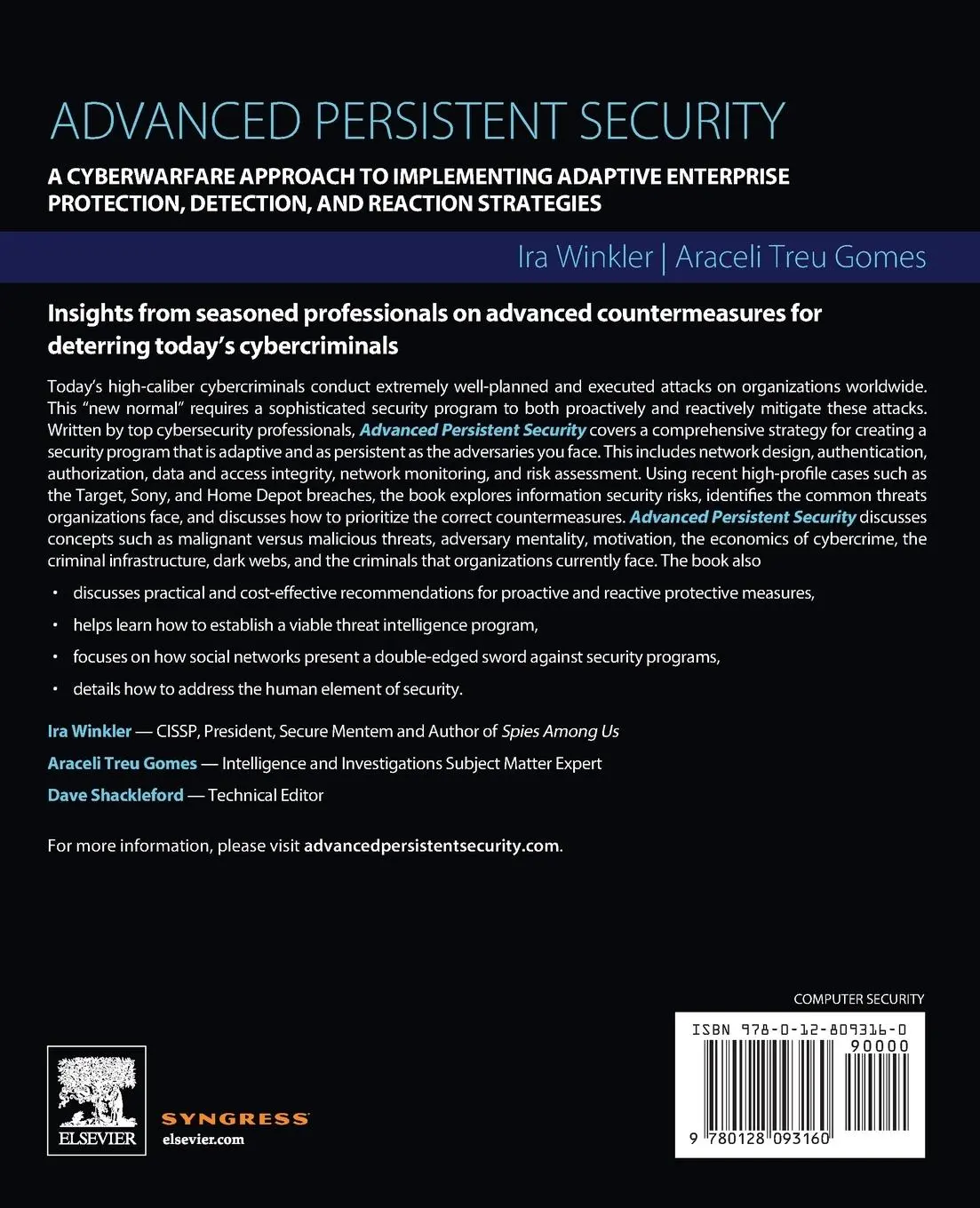 Rückseite: 9780128093160 | Advanced Persistent Security | Ira Winkler (u. a.) | Taschenbuch