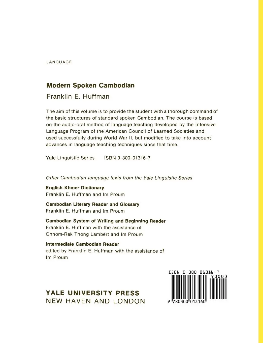 Rückseite: 9780300013160 | Modern Spoken Cambodian | Franklin E. Huffman | Taschenbuch | Englisch