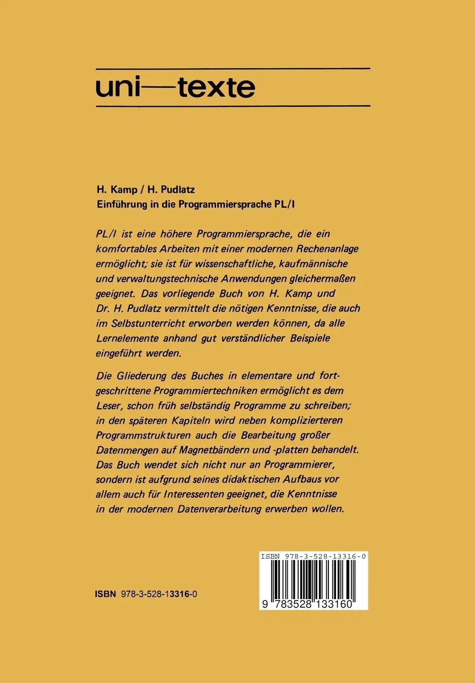 Rückseite: 9783528133160 | Einführung in die Programmiersprache PL/I | Hermann Kamp | Taschenbuch
