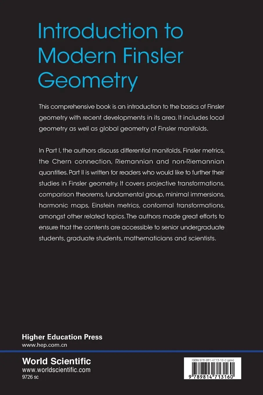 Rückseite: 9789814713160 | INTRODUCTION TO MODERN FINSLER GEOMETRY | Yi-Bing Shen &amp; Zhongmin Shen