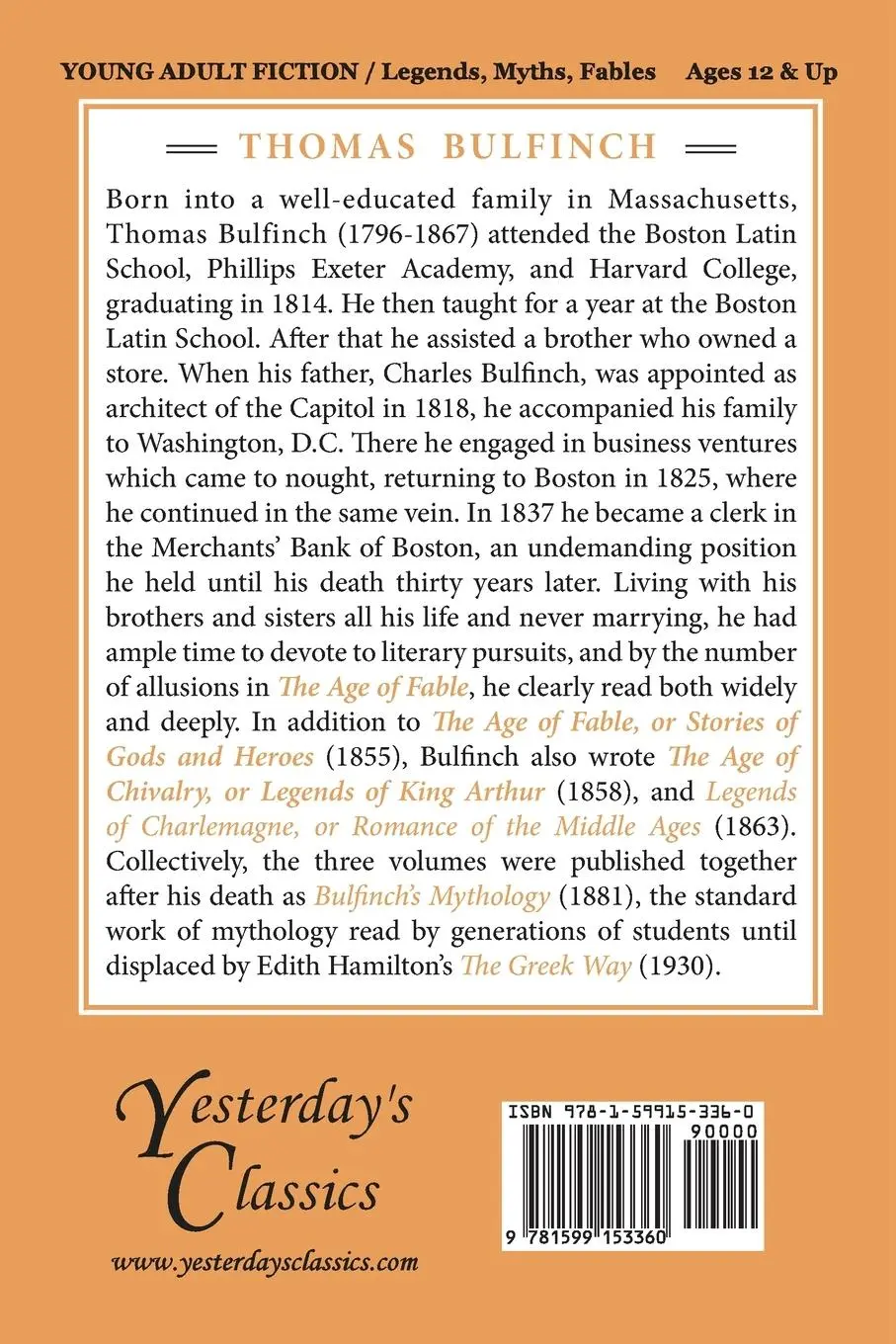 Rückseite: 9781599153360 | The Age of Fable (Yesterday's Classics) | Thomas Bulfinch | Buch