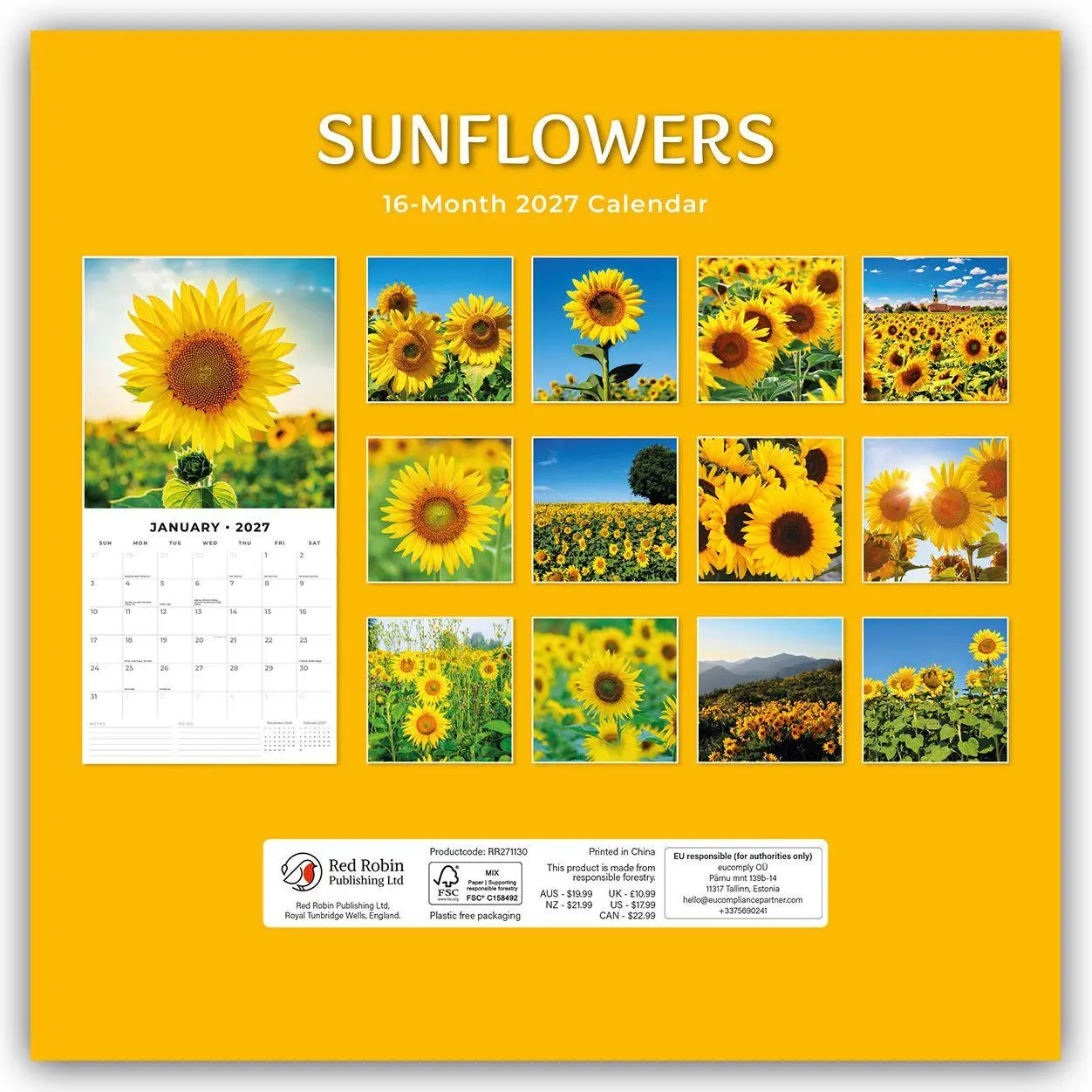 Rückseite: 9781837013760 | Sunflowers - Sonnenblumen 2027 - 16-Monatskalender | Robin Red | 28 S.