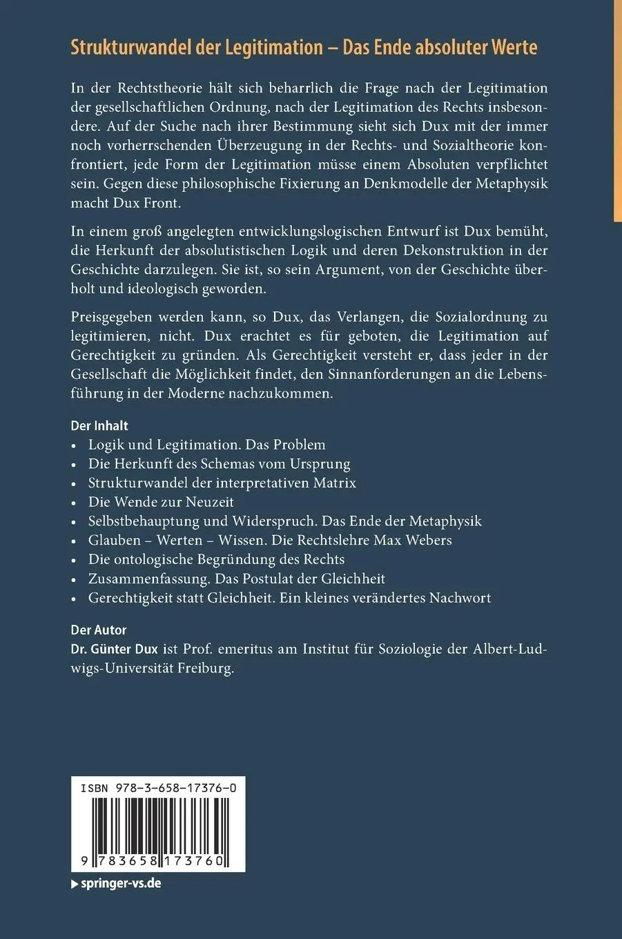 Rückseite: 9783658173760 | Strukturwandel der Legitimation - Das Ende absoluter Werte | Dux | x