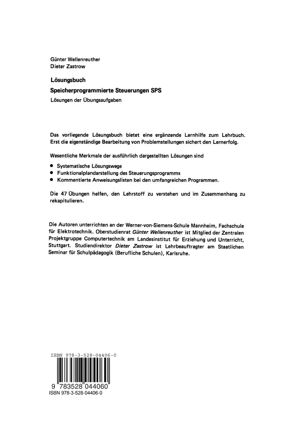 Rückseite: 9783528044060 | Lösungsbuch Speicherprogrammierte Steuerungen SPS | Zastrow (u. a.)