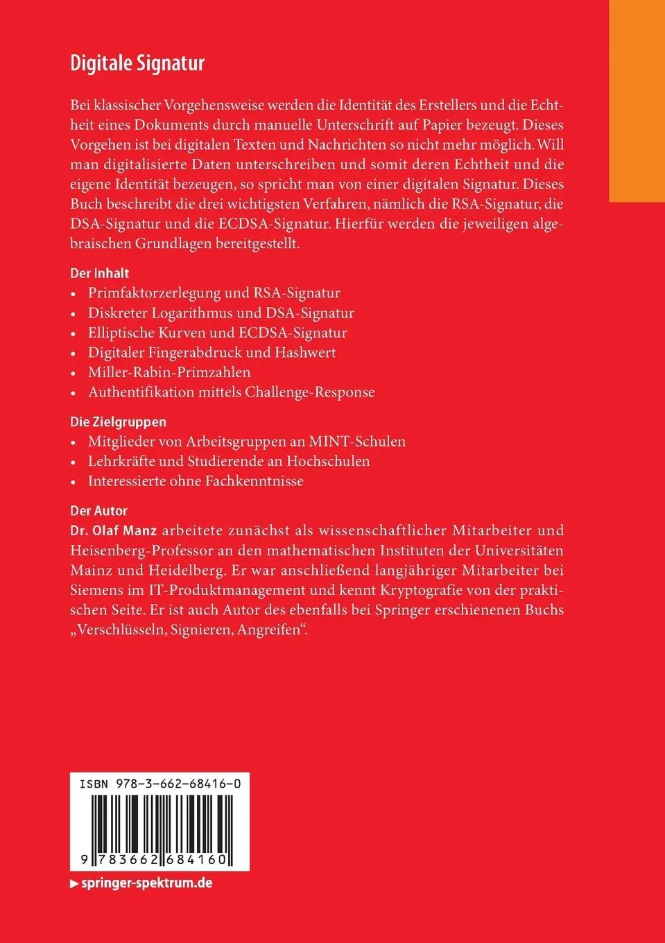 Rückseite: 9783662684160 | Digitale Signatur | Unterschreiben mit Hilfe der Algebra | Olaf Manz