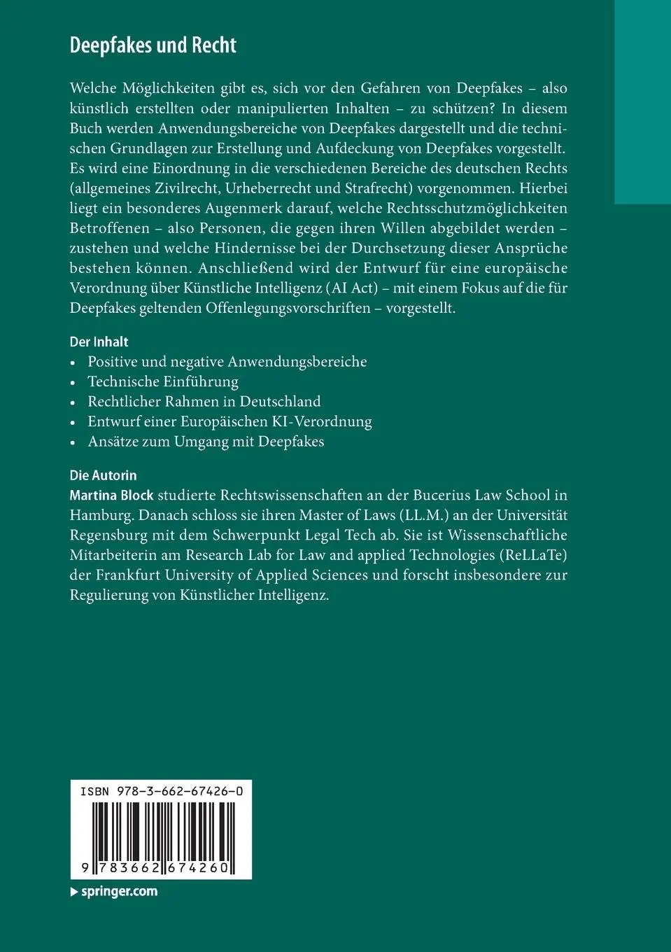 Rückseite: 9783662674260 | Deepfakes und Recht | Martina Block | Taschenbuch | x | Deutsch | 2023