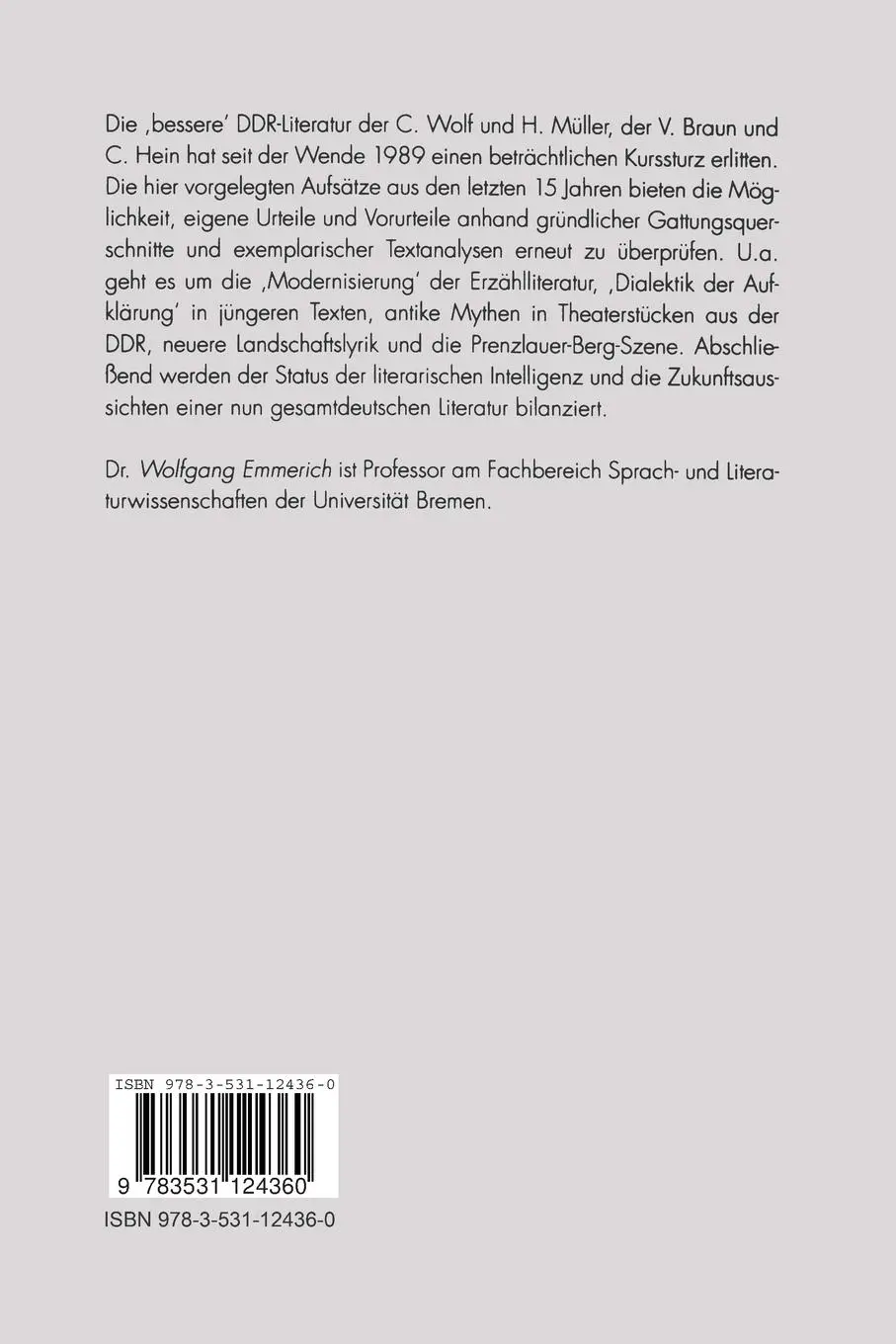 Rückseite: 9783531124360 | Die andere deutsche Literatur | Aufsätze zur Literatur aus der DDR