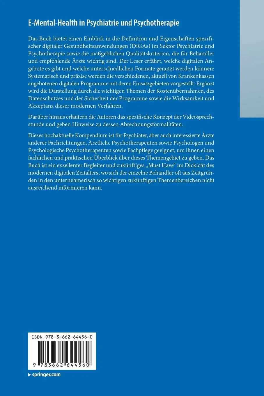 Rückseite: 9783662644560 | E-Mental-Health in Psychiatrie und Psychotherapie | Sprick (u. a.)