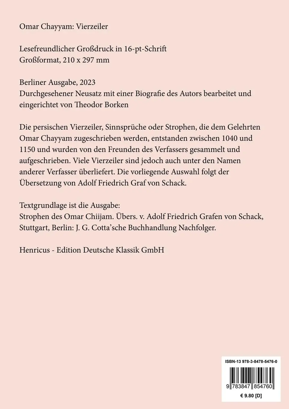 Rückseite: 9783847854760 | Vierzeiler (Großdruck) | Omar Chayyam | Taschenbuch | Paperback | 2023