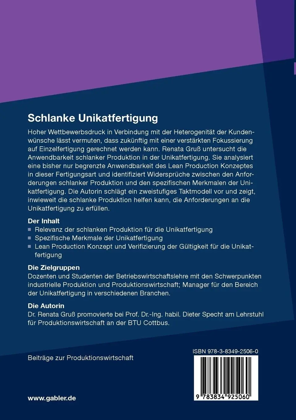 Rückseite: 9783834925060 | Schlanke Unikatfertigung | Renata Gruß | Taschenbuch | xv | Deutsch