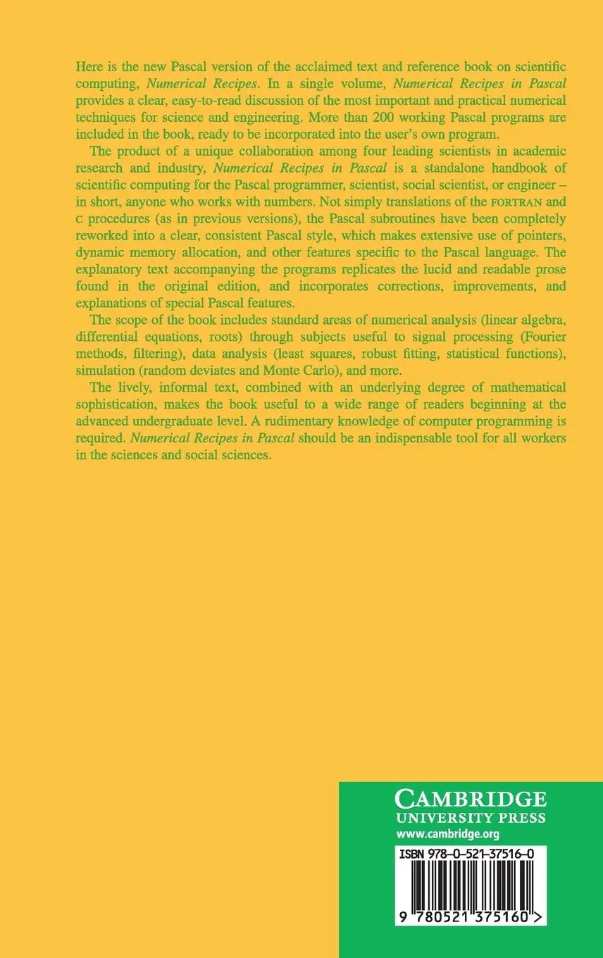 Rückseite: 9780521375160 | Numerical Recipes in Pascal (First Edition) | William H. Press (u. a.)
