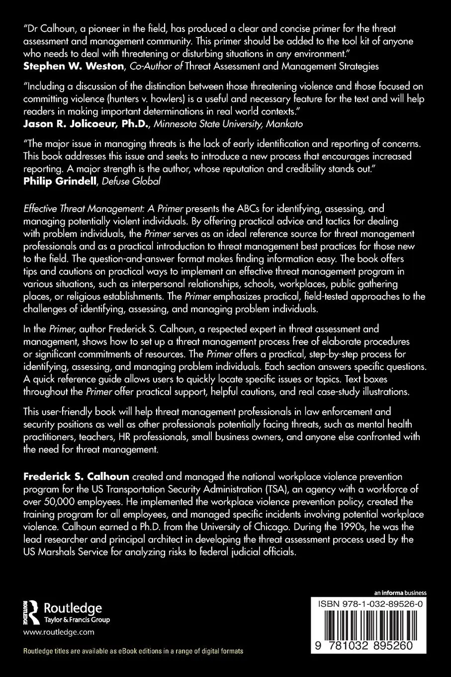 Rückseite: 9781032895260 | Effective Threat Management | A Primer | Frederick S. Calhoun | Buch