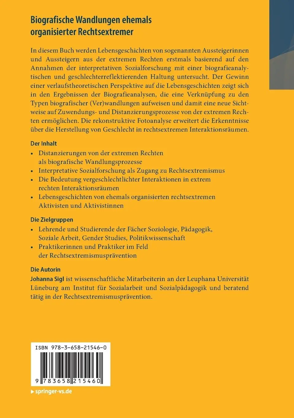 Rückseite: 9783658215460 | Biografische Wandlungen ehemals organisierter Rechtsextremer | Sigl