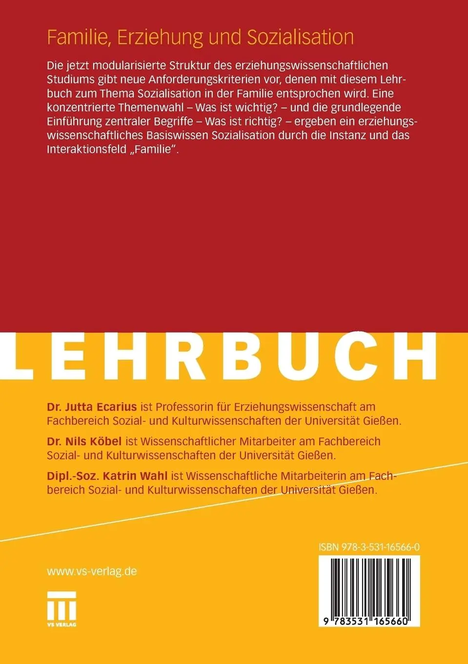 Rückseite: 9783531165660 | Familie, Erziehung und Sozialisation | Jutta Ecarius (u. a.) | Buch