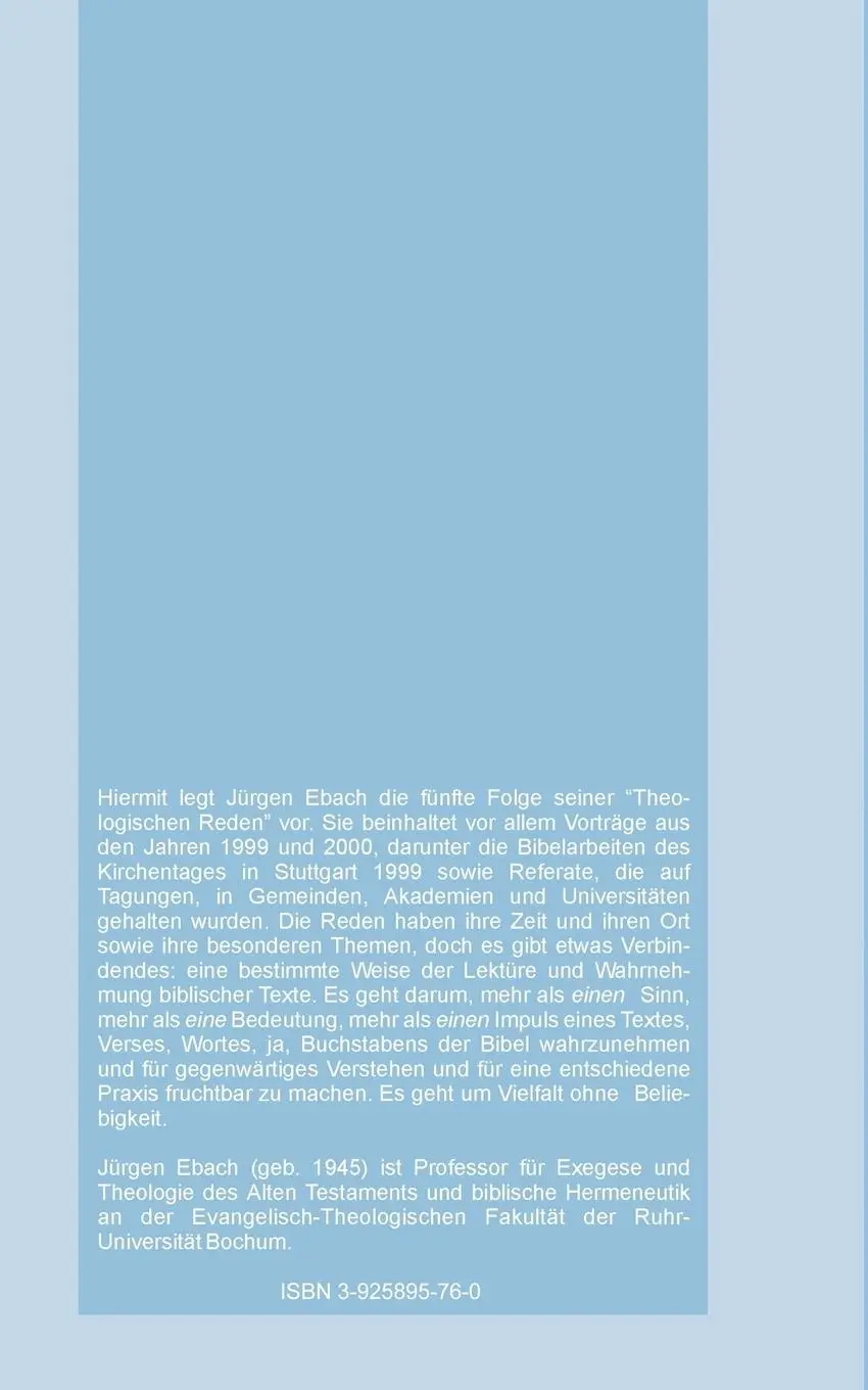 Rückseite: 9783925895760 | Vielfalt ohne Beliebigkeit | Theologische Reden Band 5 | Jürgen Ebach