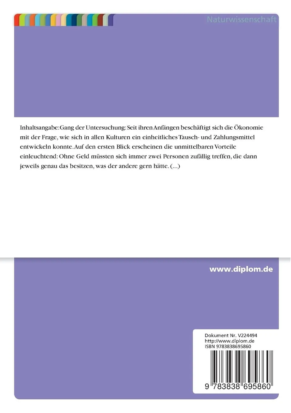 Rückseite: 9783838695860 | Die Entstehung des Geldes | Claudia Steinwender | Taschenbuch | 100 S.