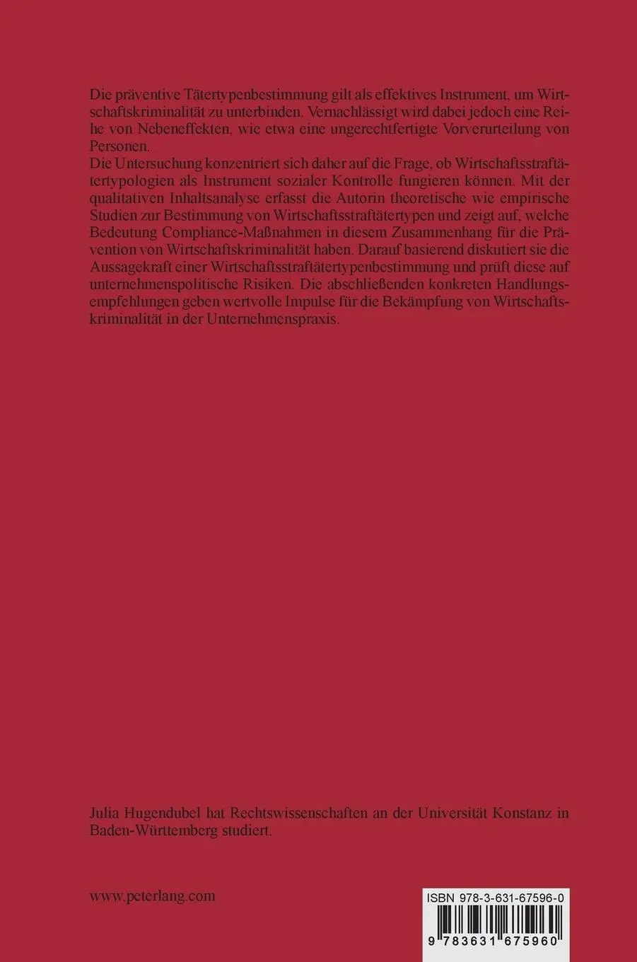 Rückseite: 9783631675960 | Tätertypologien in der Wirtschaftskriminologie | Julia Hugendubel