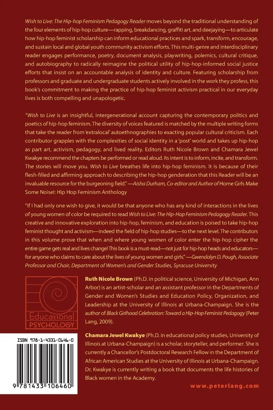 Rückseite: 9781433106460 | Wish to Live | The Hip-hop Feminism Pedagogy Reader | Brown (u. a.)