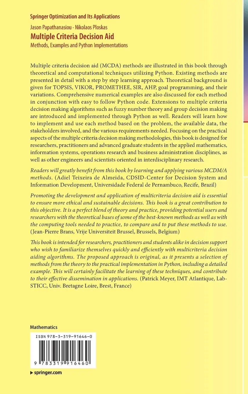 Rückseite: 9783319916460 | Multiple Criteria Decision Aid | Nikolaos Ploskas (u. a.) | Buch