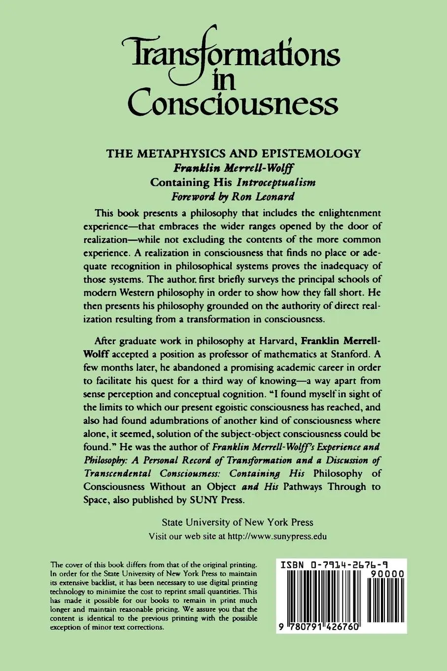 Rückseite: 9780791426760 | Transformations in Consciousness | Franklin Merrell-Wolff | Buch