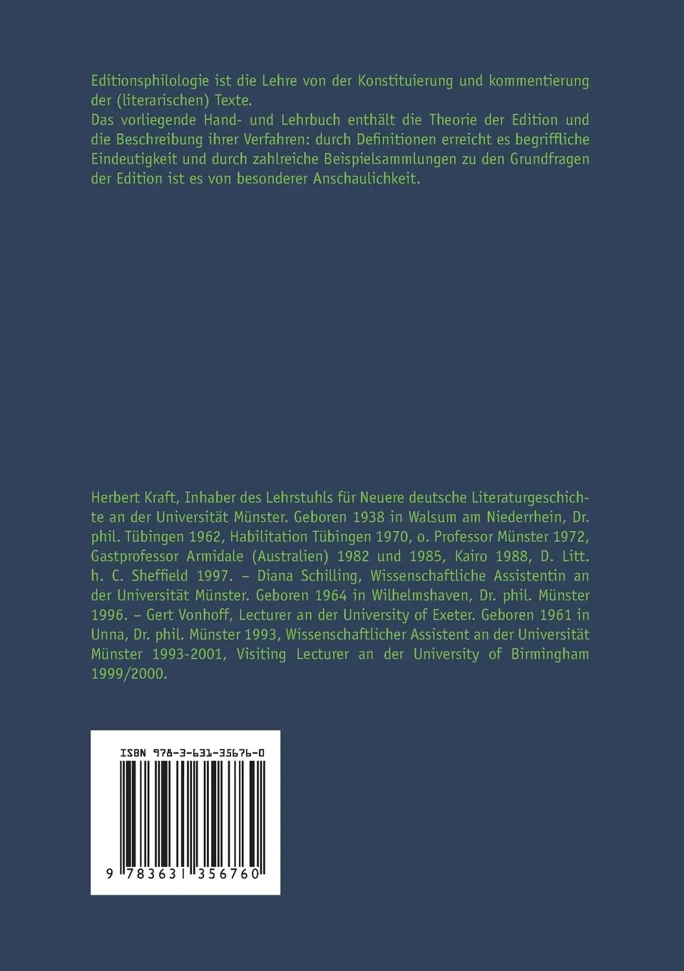 Rückseite: 9783631356760 | Editionsphilologie | Herbert Kraft | Taschenbuch | 330 S. | Deutsch