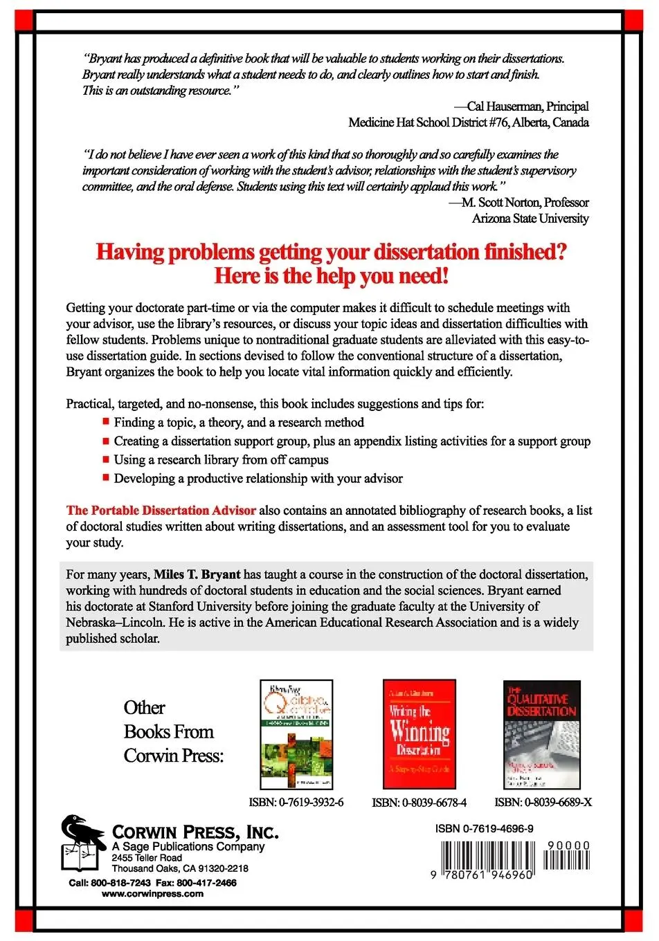 Rückseite: 9780761946960 | The Portable Dissertation Advisor | Miles T. Bryant | Taschenbuch