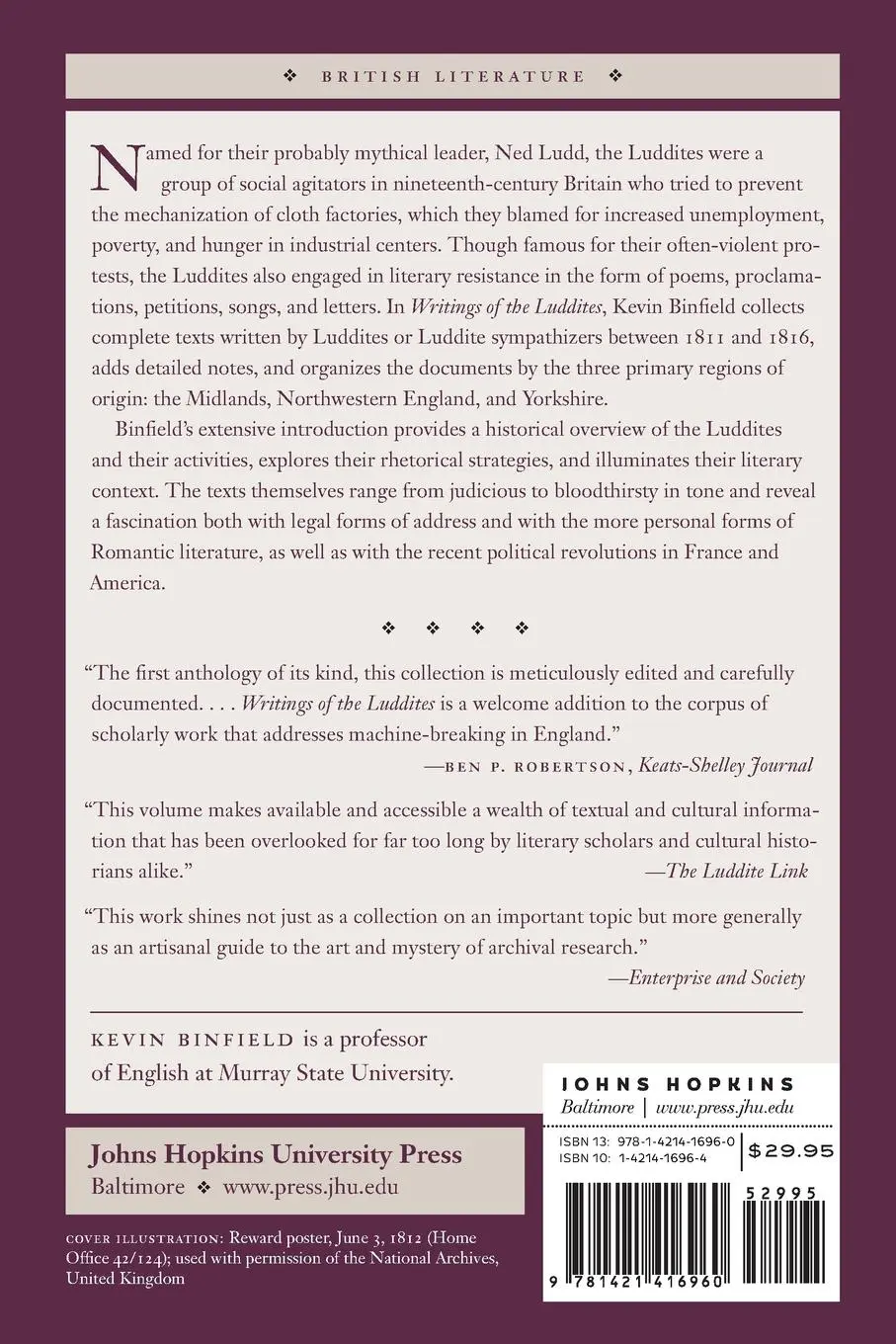 Rückseite: 9781421416960 | Writings of the Luddites | Kevin Binfield | Taschenbuch | Englisch