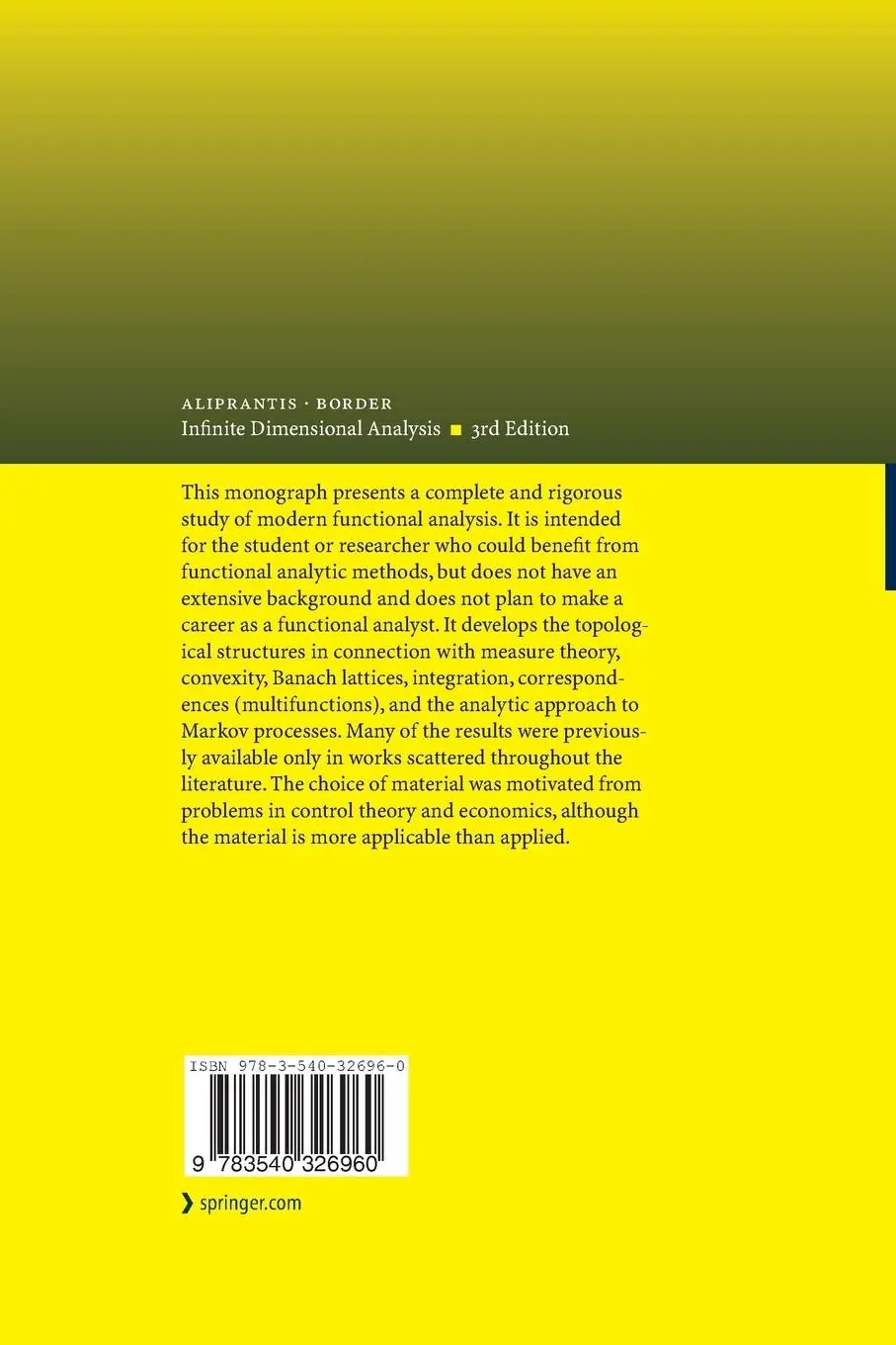Rückseite: 9783540326960 | Infinite Dimensional Analysis | A Hitchhiker's Guide | Border (u. a.)