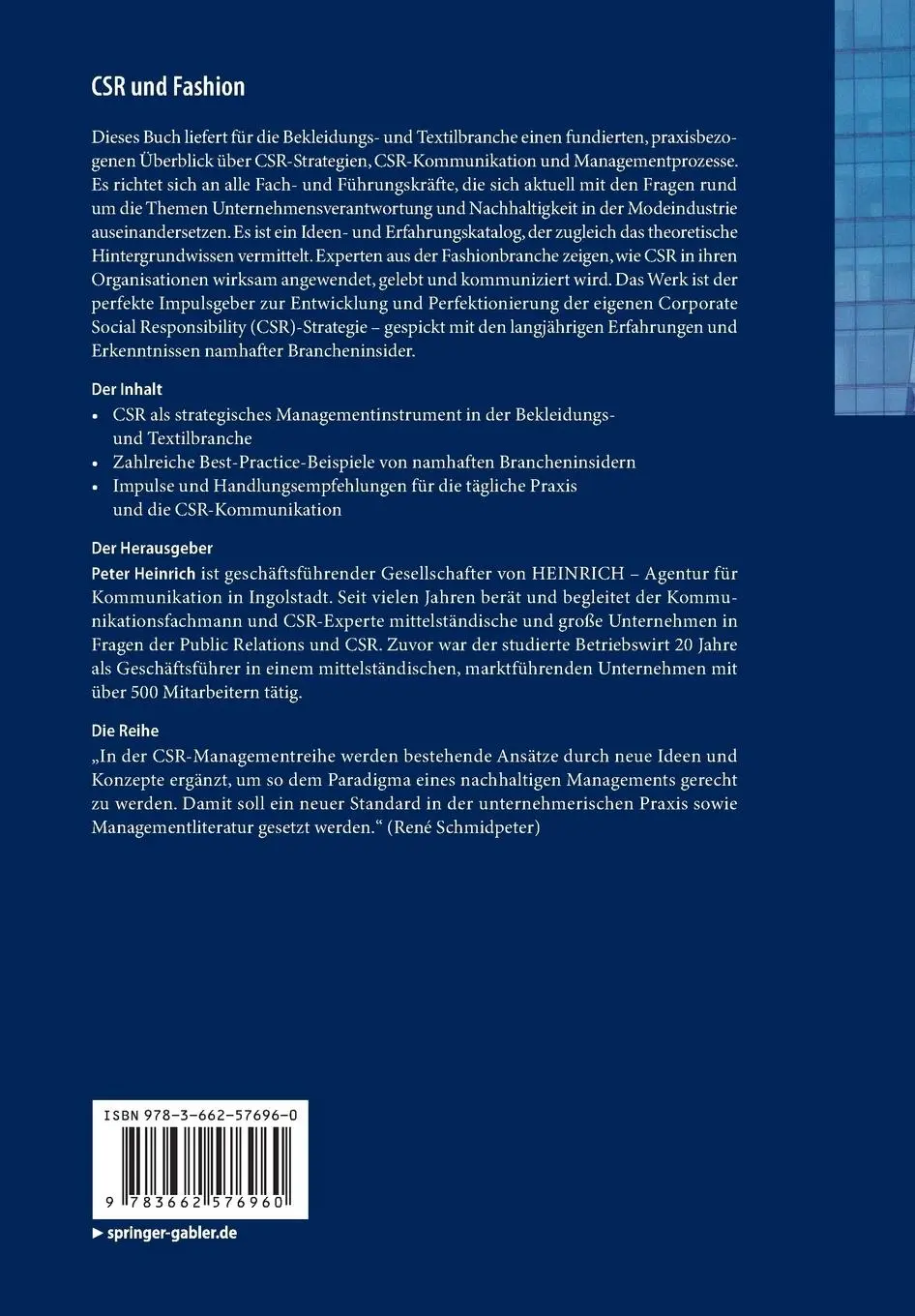 Rückseite: 9783662576960 | CSR und Fashion | Peter Heinrich | Taschenbuch | xv | Deutsch | 2018