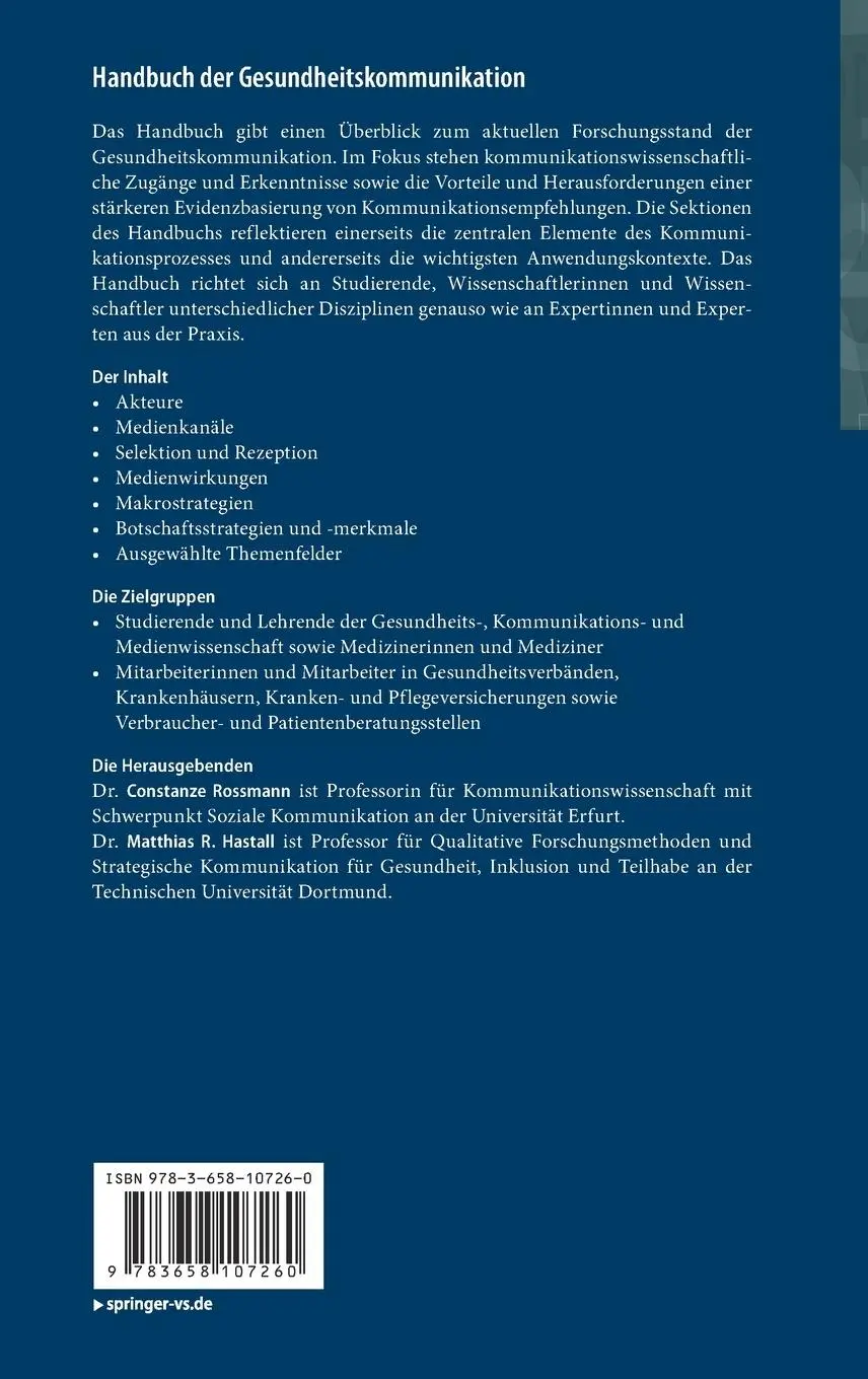 Rückseite: 9783658107260 | Handbuch der Gesundheitskommunikation | Matthias R. Hastall (u. a.)