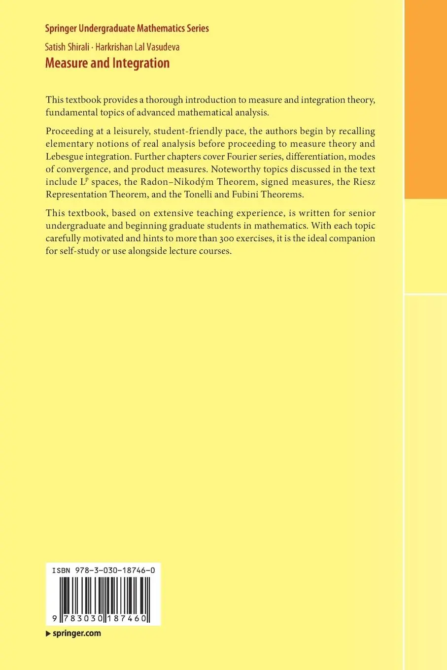 Rückseite: 9783030187460 | Measure and Integration | Harkrishan Lal Vasudeva (u. a.) | Buch | xii
