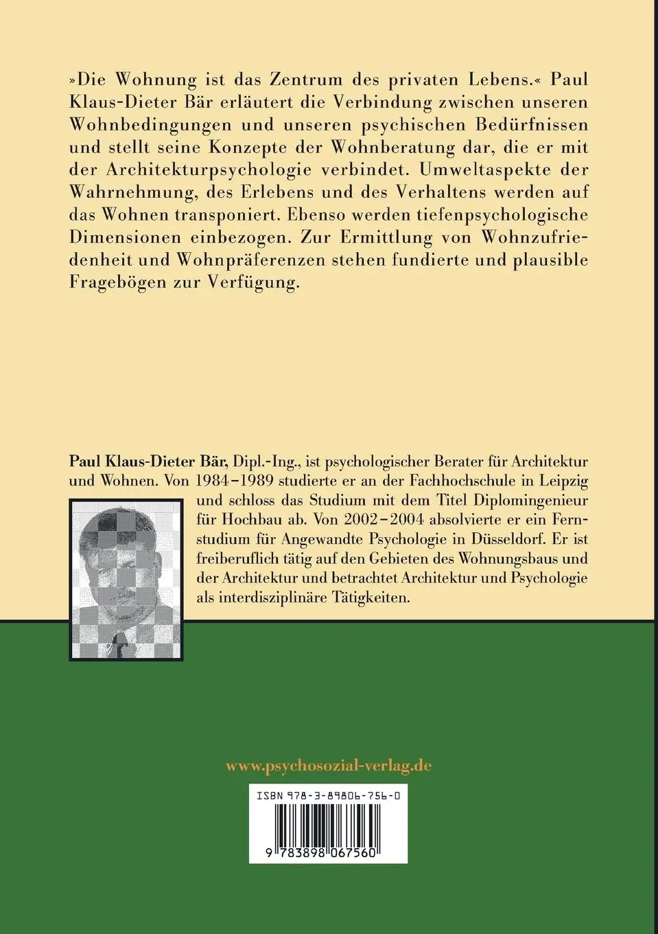 Rückseite: 9783898067560 | Architektur-Psychologie | Psychosoziale Aspekte des Wohnens | Bär