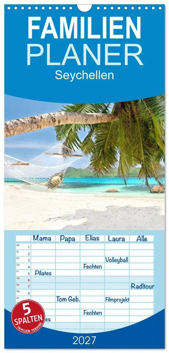 Cover: 9783594337660 | Familienplaner 2027 - Seychellen mit 5 Spalten (Wandkalender, 21 x...