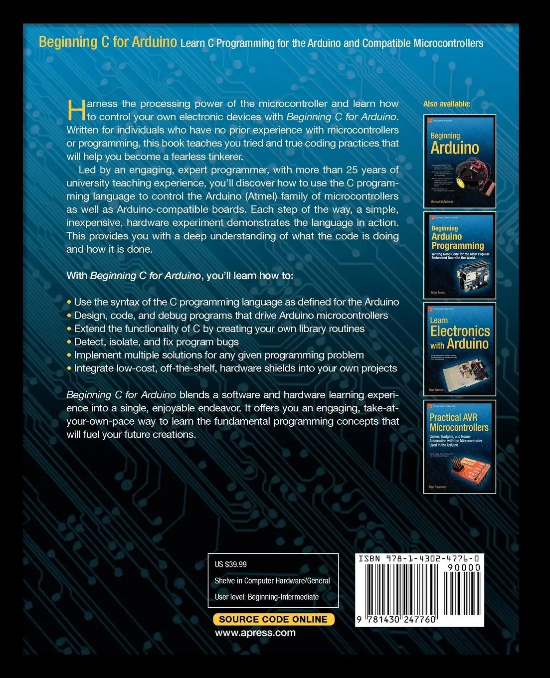 Rückseite: 9781430247760 | Beginning C for Arduino | Learn C Programming for the Arduino | Purdum
