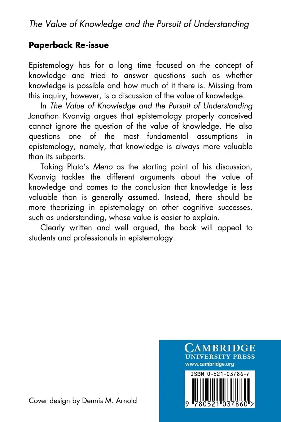Rückseite: 9780521037860 | The Value of Knowledge and the Pursuit of Understanding | Kvanvig