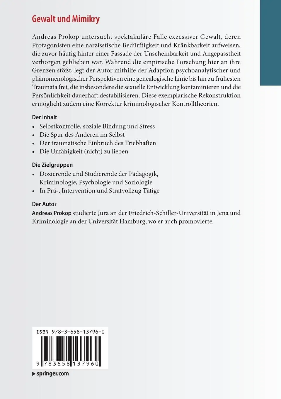 Rückseite: 9783658137960 | Gewalt und Mimikry | Vom frühen Trauma zum Amoklauf | Andreas Prokop