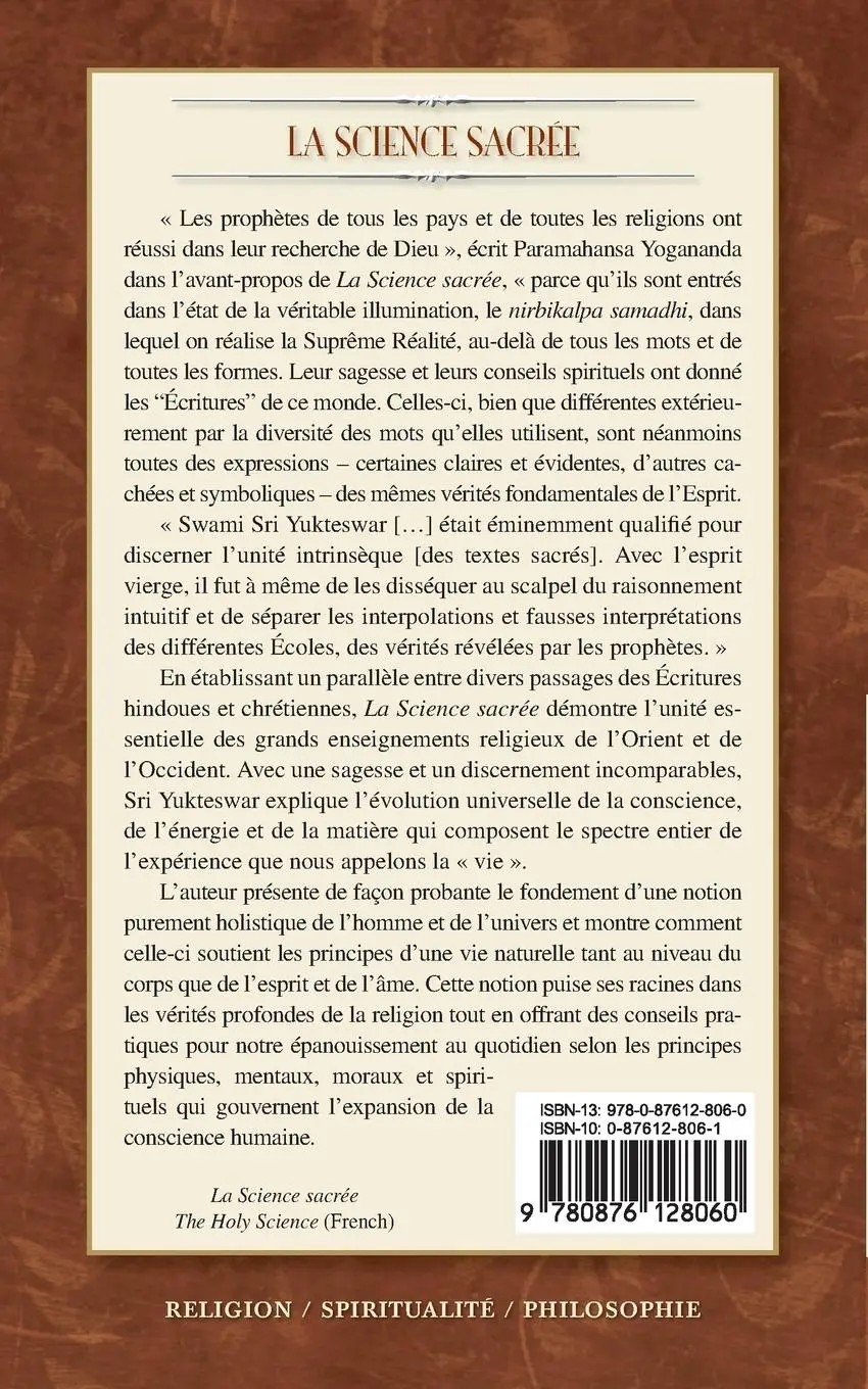 Rückseite: 9780876128060 | La Science Sacrée (The Holy Science-French) | Swami Sri Yukteswar