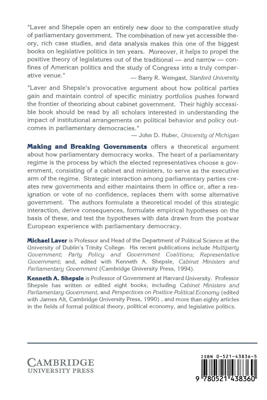 Rückseite: 9780521438360 | Making and Breaking Governments | Michael Laver | Taschenbuch | 2004