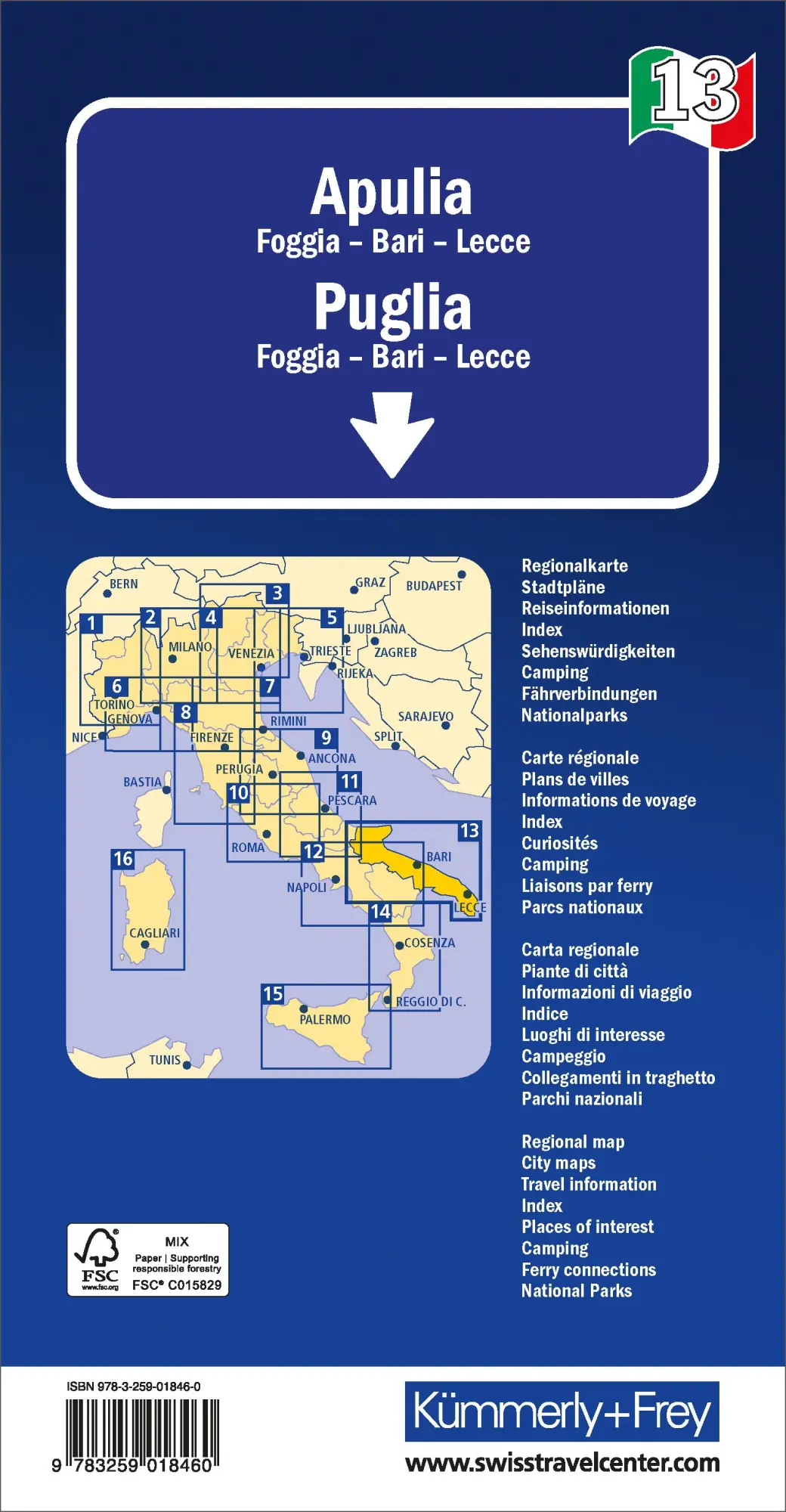 Rückseite: 9783259018460 | Kümmerly+Frey Regional-Strassenkarte 13 Apulien 1:200.000 | AG | 2024