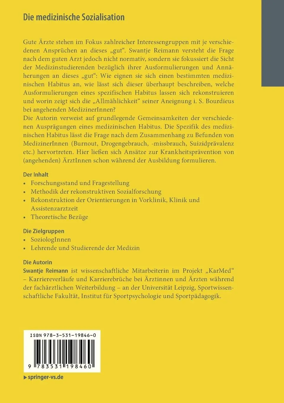 Rückseite: 9783531198460 | Die medizinische Sozialisation | Swantje Reimann | Taschenbuch | x